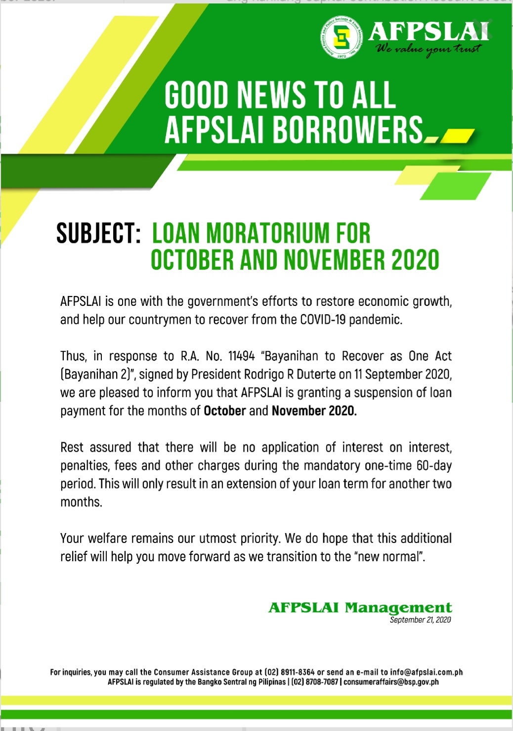 AFPSLAI Implements 60-day Loan Moratorium